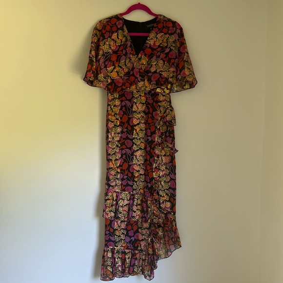 Saloni - Black w/ Pink, Orange & Gold Floral Print Maxi Dress Size 4 - Picture 2 of 14